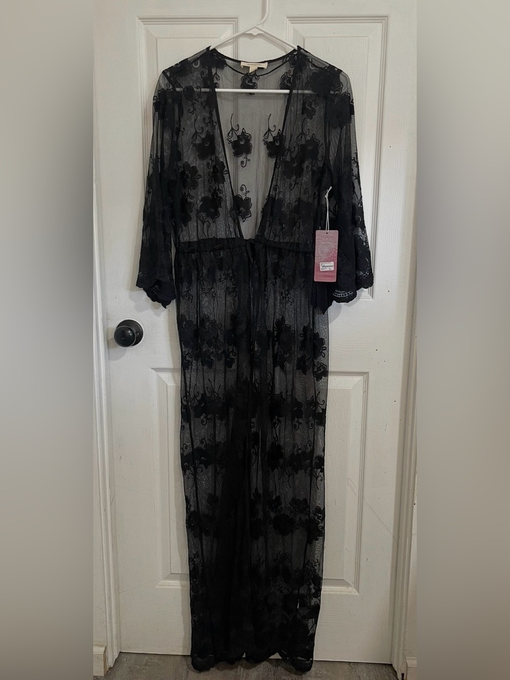 Elegant Sheer Black Floral Lace Maxi Robe - Women's Intimates